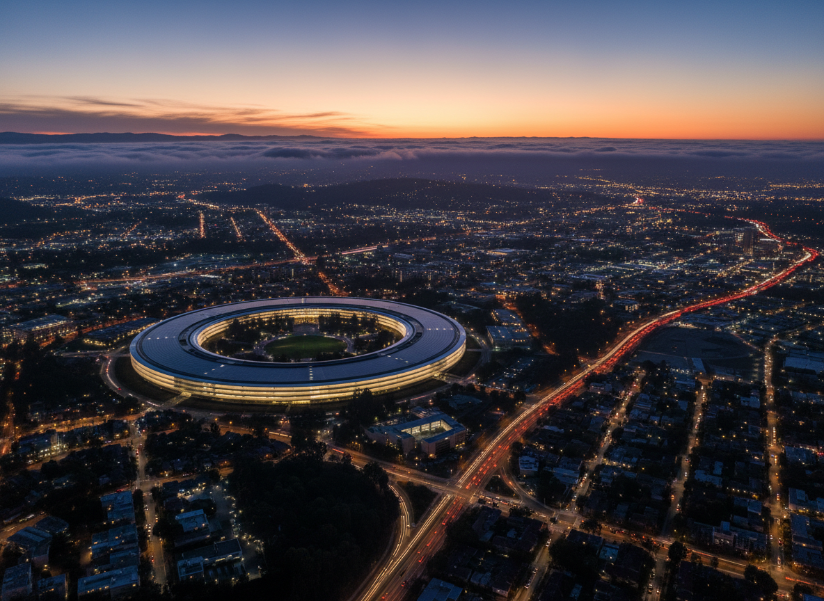 A sophisticated, moody aerial photo of Silicon Valley at dusk, clearly showing part of Apple Park’s circular building along with surrounding city lights and low clouds, in a professional, law-firm-friendly style.